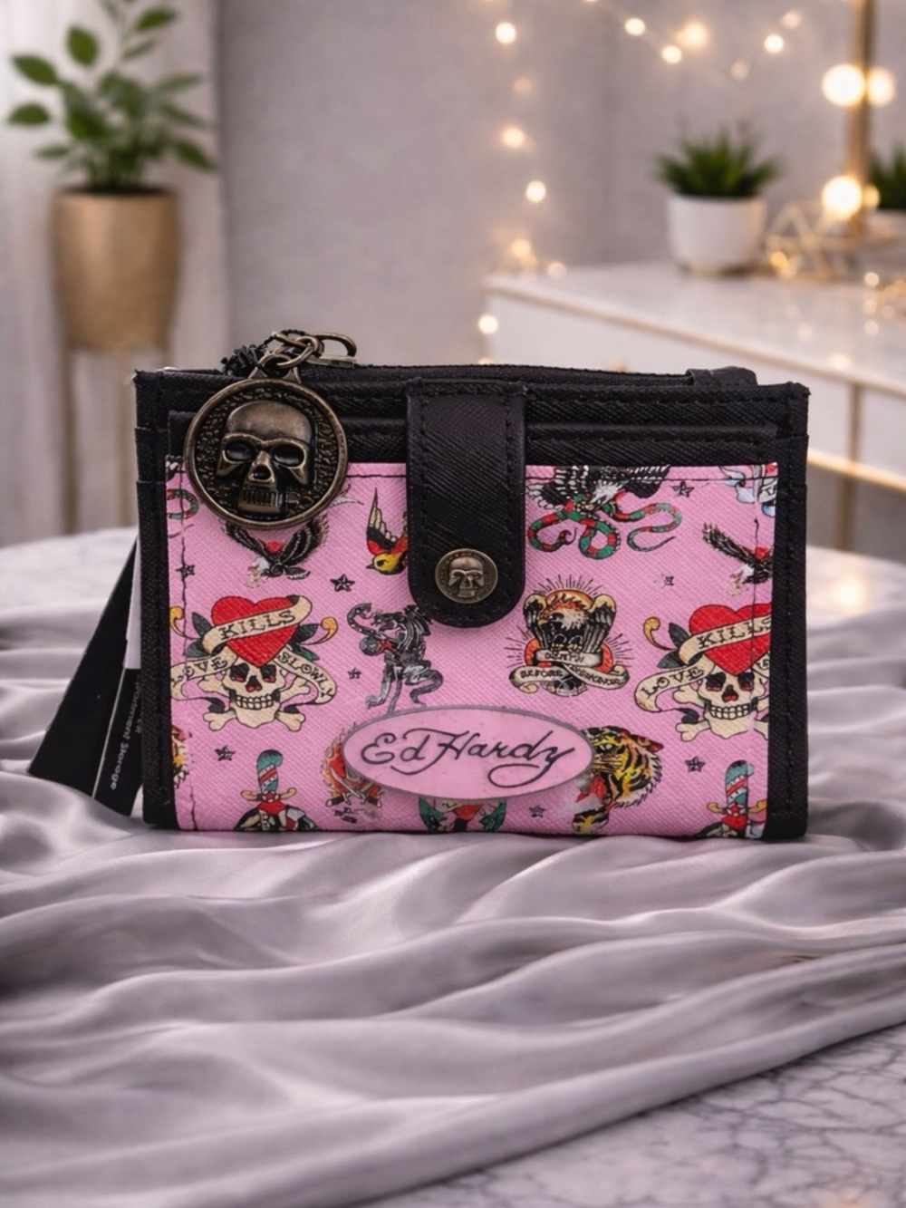 Ed Hardy Pink Tattoo Print Snap Wallet w/ Skull Charm Y2K Style